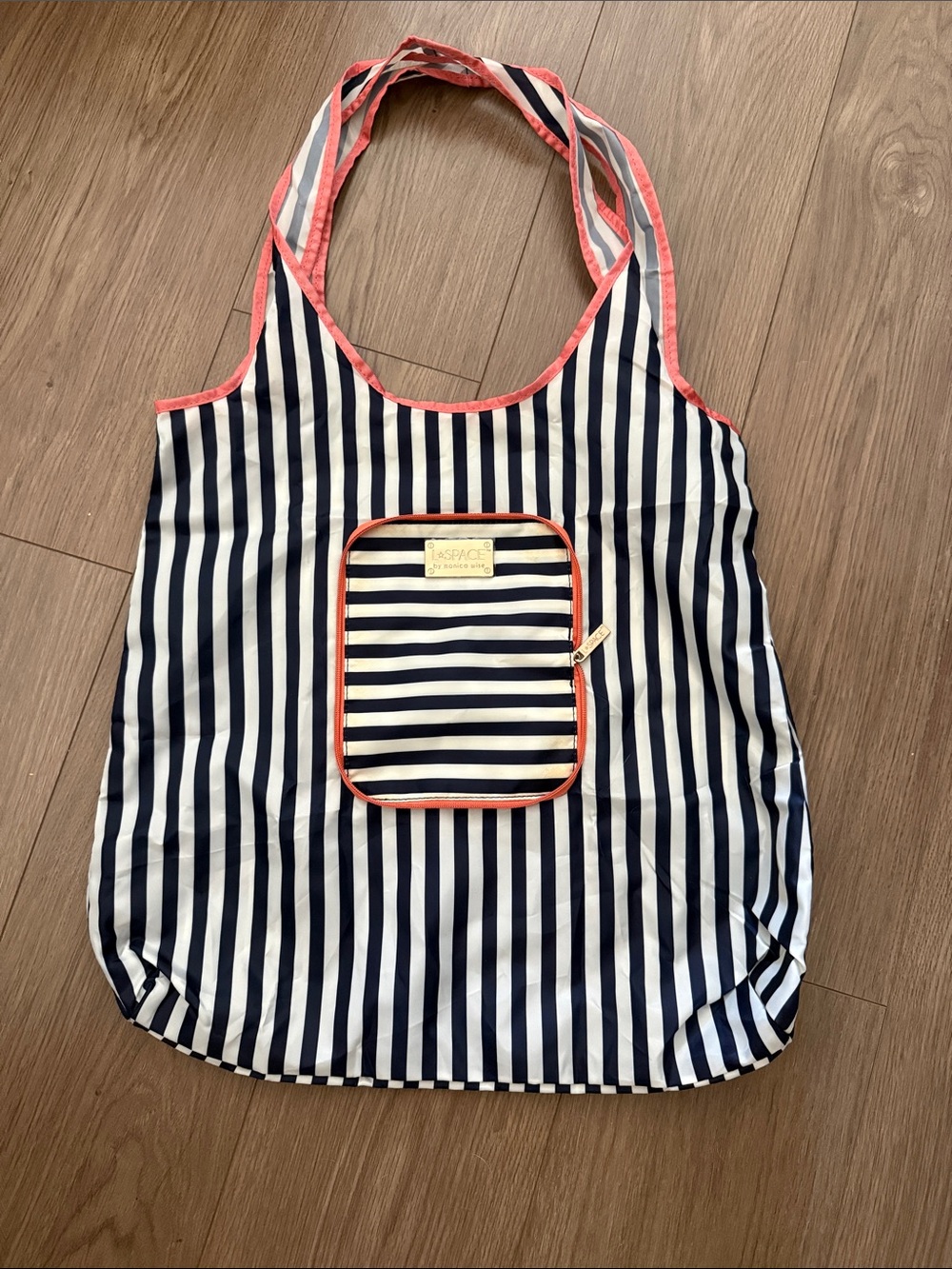 L*space Beach-Ready Navy & White Striped Packable Tote with Coral Trim